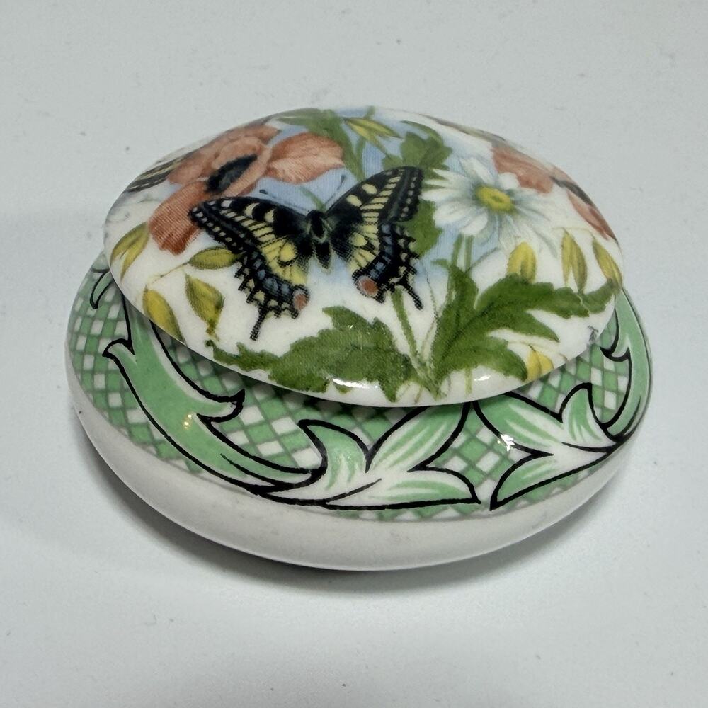 Crownford Round Fine Bone China Miniature Trinket Box Poppies Butterfly 1.75"